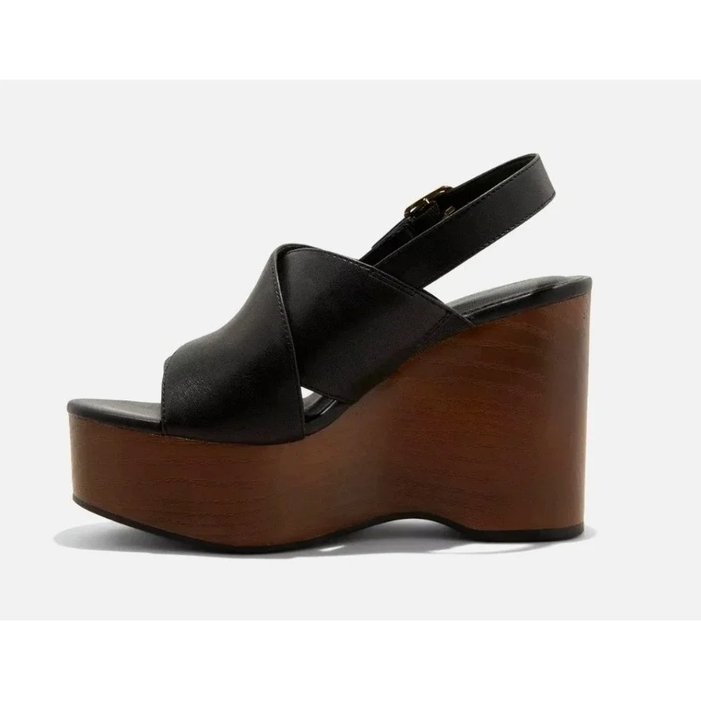Universal Thread Naomi Black Wood Wedge Heels Memory Foam Sandals 8.5 - Picture 2 of 4